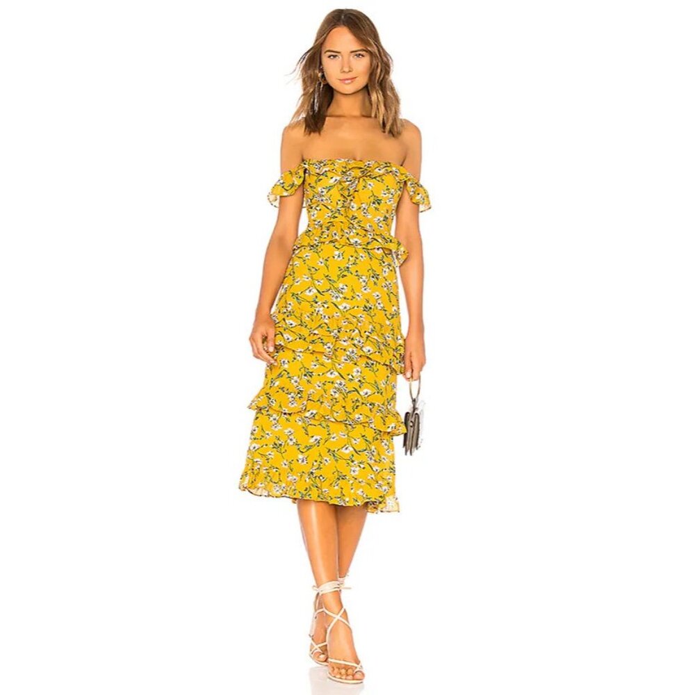 Tularosa Women's Lily Dress Tiered Ruffle Sheath Midi Dress Yellow Size Small